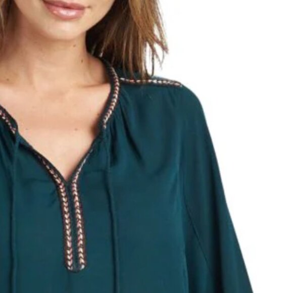 DR2 By Daniel Rainn Tassel Tie Peasant Boho Top Blouse Women's Medium Blue Green - Picture 2 of 11